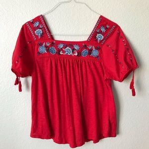 Embroidered Top with Tied Sleeves